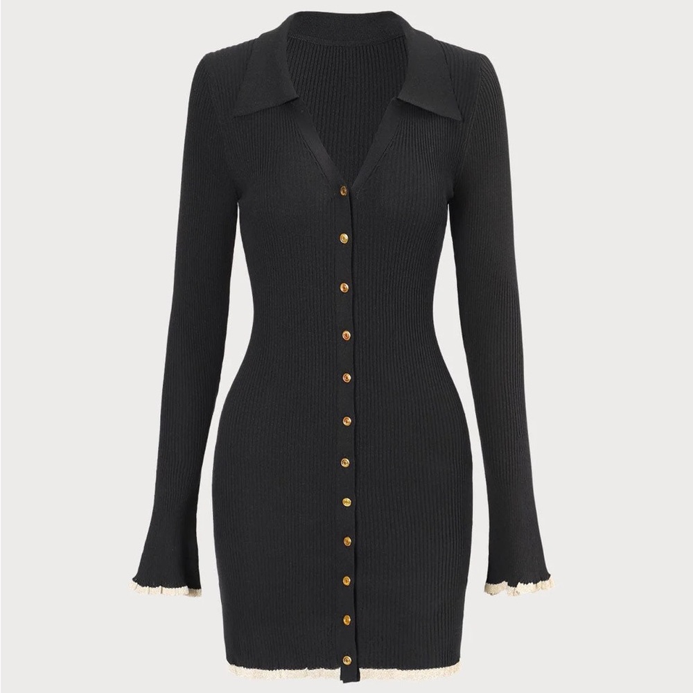RIHOAS The Black V Neck Contrast Trim Knit Mini Dress - Picture 6 of 8
